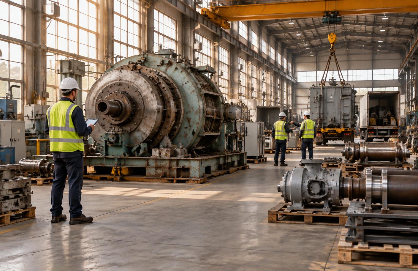 Industrial asset recovery team evaluating heavy equipment