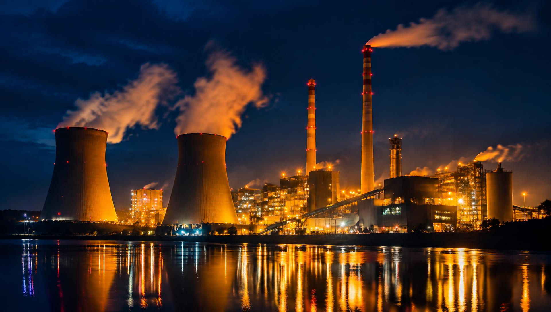 Power plant glowing with industrial lights at night